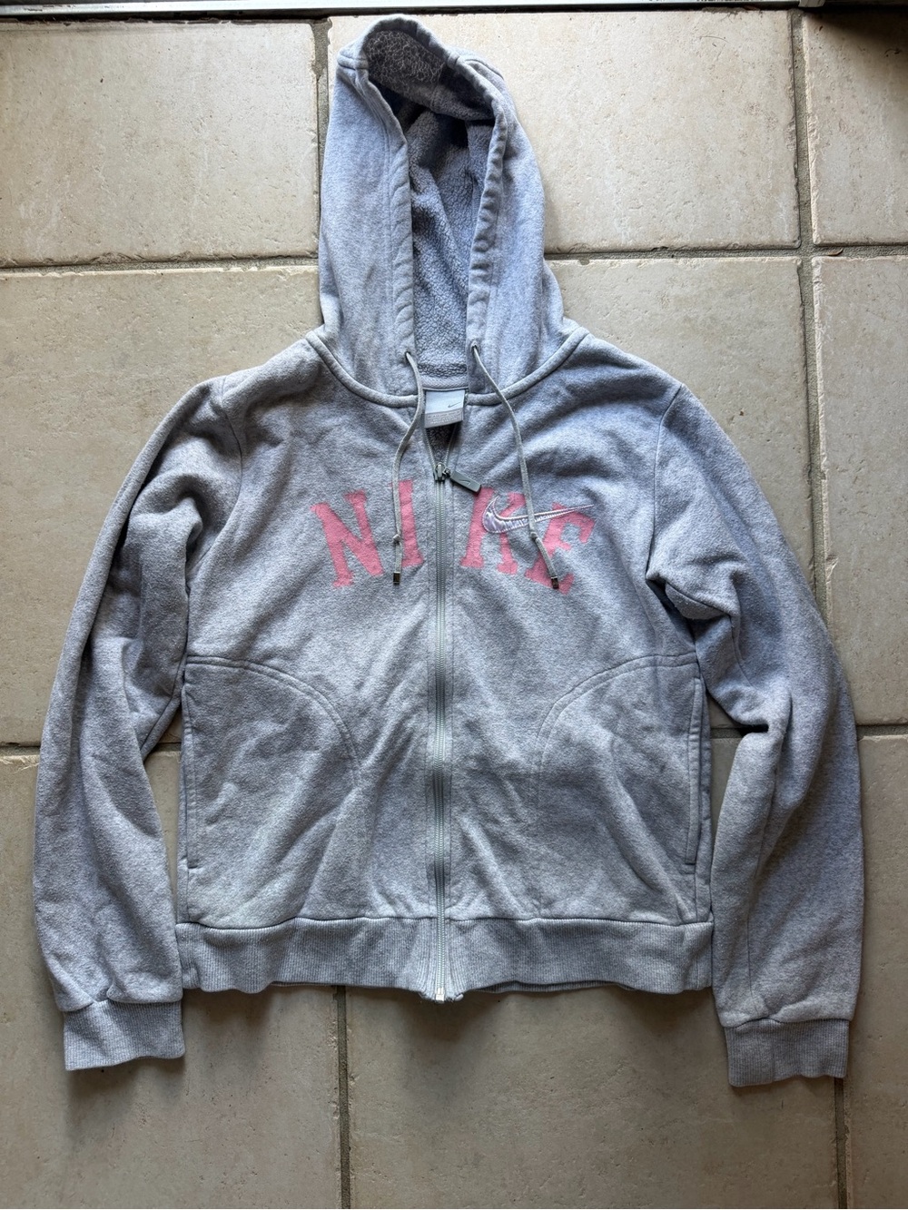 Vintage Y2K Nike Girls' Gray Zip-Up Hoodie with Pink Logo